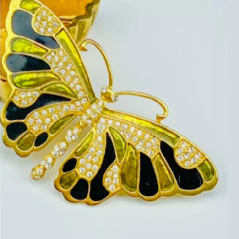 Kenneth Jay Lane Butterfly Pin and Box  Green Enamel Rhinestones made Thailand